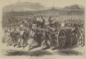 Préparatifs pour souffler les Cipayes mutins avec des pièces de campagne, à Peshawur (gravure) - English School