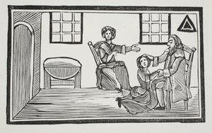 La jolie Bessie recevant la bénédiction de son père en partant chercher sa propre subsistance, illustration de Chap-books du XVIIIe siècle par John Ashton, pub. 1882