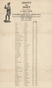 Liste de prix pour G Smith & Sons, boutique de tabac à priser - English School