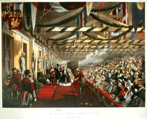 La princesse Alexandra de Danemark arrivant à Londres le 7 mars 1863 à la gare de Bricklayers Arms avec son futur mari, le prince de Galles. 1863 - English School