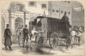 Fourgon pénitentiaire prenant des prisonniers à la maison de détention, illustration de The Criminal Prisons of London and Scenes from Prison Life par Henry Mayhew et John Binny, pub. 1862 - English School