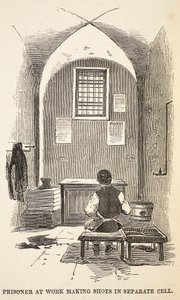 Prisonnier travaillant à la fabrication de chaussures dans une cellule séparée, illustration de The Criminal Prisons of London and Scenes from Prison Life par Henry Mayhew et John Binny, pub. 1862 - English School