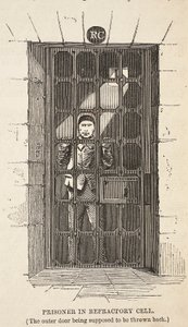 Prisonnier dans une cellule réfractaire (la porte extérieure étant supposée être ouverte), illustration de The Criminal Prisons of London and Scenes from Prison Life par Henry Mayhew et John Binny, pub. 1862 - English School