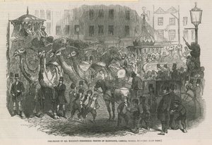 Procession de la troupe théâtrale de Mr Hughes avec des éléphants, chameaux, chevaux, etc. - English School