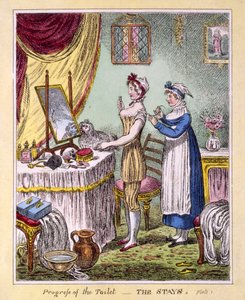 Progression de la toilette - Les corsets, Planche 1, pub. par McCleary, Londres, 1810 (gravure en couleur) - English School