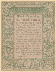 Carte promotionnelle pour Thomas Gilks, dessinateur et graveur sur bois - English School
