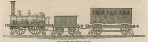 Le chemin de fer en bois de Prosser : locomotive, tender et wagon, vue latérale - English School
