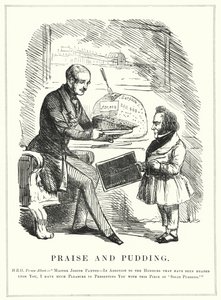 Éloge et Pudding : Le Prince Albert récompensant Joseph Paxton pour avoir conçu le Crystal Palace pour abriter la Grande Exposition de 1851 à Hyde Park, Londres - English School