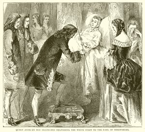 La reine Anne sur son lit de mort remettant le bâton blanc au comte de Shrewsbury - English School