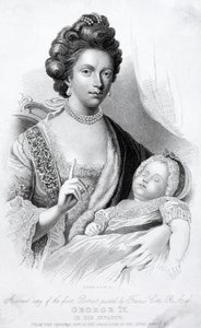 La reine Charlotte, épouse du roi George III, avec leur fils bébé, le futur prince régent et roi George IV - English School