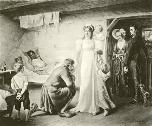 La Reine Louise de Prusse visitant les pauvres (gravure) - English School