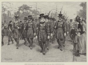Jour de réception de la reine, Yeomen of the Guard dans le Mall allant au palais de Buckingham (gravure) - English School