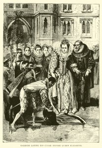 Raleigh étendant son manteau devant la reine Élisabeth - English School