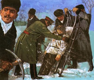 Le corps de Raspoutine descendu par un trou découpé dans la glace