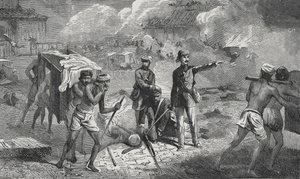 Évacuation des malades et des blessés à Lucknow de la résidence à la Dilkoosha dans les environs de la ville - English School