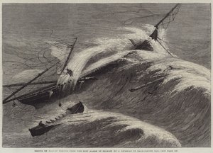 Sauvetage de onze personnes du navire Alarm de Belfast par un canot de sauvetage dans la baie de Ballycotton (gravure) - English School