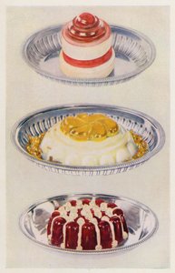 Gelée ruban ; Pudding Vénus ; Gelée de vin et crème (lithographie en couleur) - English School