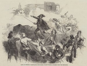 Émeutes à Dresde, barricade dans la Grosse Frauen Strasse attaquée depuis le Neumarkt (gravure) - English School