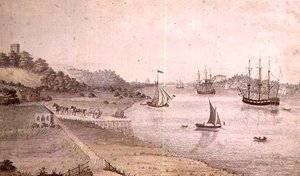 Paysage fluvial avec navigation et le Carrosse de Douvres, c.1800 - English School