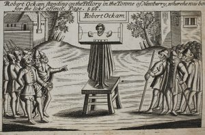 Robert Ockam sur le pilori dans la ville de Newberry, où il est né, illustration des Actes et Monuments de John Foxe, neuvième édition, pub. 1684