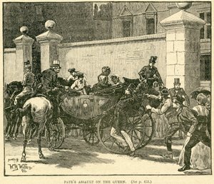 Robert Pates frappant la reine devant Cambridge House, illustration tirée de The Life and Times of Queen Victoria, Vol. II par Robert Wilson, 1888