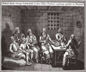 Robert Smith, George Tankerfield et leurs compagnons de prison, se conférant ensemble à Newgate, illustration des Martyrs de Foxe vers 1703 - English School