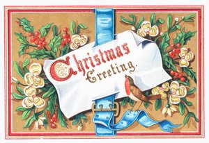 Rouge-gorge avec message et fleurs, Carte de Noël