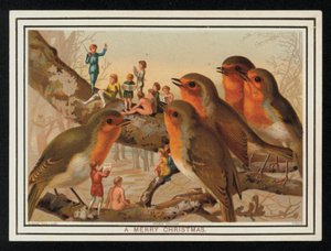 Rouges-gorges et un groupe de performeurs, carte de vœux de Noël - English School