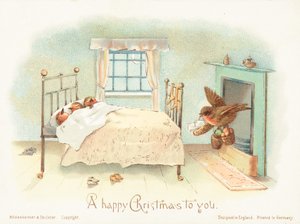 Rouges-gorges endormis dans un lit, carte de Noël - English School