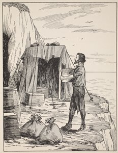 Robinson Crusoé construisant son abri, illustration de L