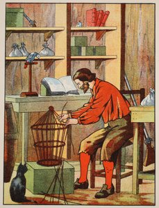 Robinson Crusoé fabriquant une cage pour son perroquet, illustration de L