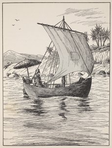 Robinson Crusoé sur son bateau, illustration de L