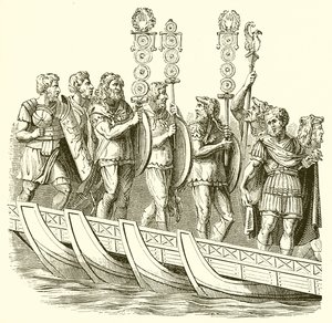 Soldats romains traversant un pont de bateaux - English School