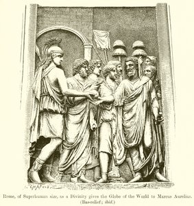Rome, de taille surhumaine, en tant que divinité donne le globe du monde à Marc Aurèle (Bas-relief; ibid) - English School