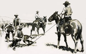 Capture et marquage du bétail dans le Far West - English School