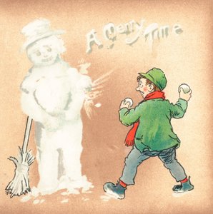 Garçon turbulent lançant des boules de neige sur un bonhomme de neige, carte de Noël - English School