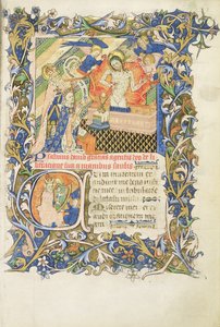 Figure couronnée soutenue par un saint à la barbe grise agenouillé devant une image de Pitié, du 