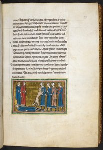 Royal 12 F.XIII, f.33 Chien identifiant un meurtrier, de Bestiaire (ff. 3-141), Lapidaire (ff. 141v-149), 2ème quart du 13ème siècle