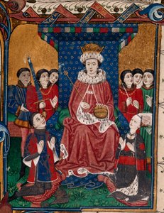 Le roi Édouard IV entouré de courtisans avec Sir William Herbert et sa femme, Anne Devereux portant des vêtements décorés de leurs armoiries, agenouillés devant lui (livre 1) - English School
