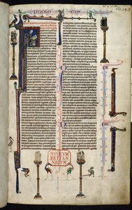 Royal 1 D I, f.1r, Jérôme, frères sur colonnes, de la Bible de William de Devon