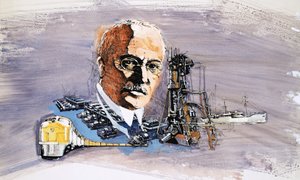 Rudolf Diesel sur fond de trains, bateaux et docks
