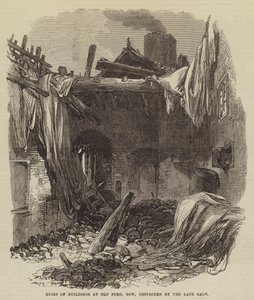 Ruines de bâtiments à Old Ford, Bow, détruits par la récente tempête (gravure) - English School