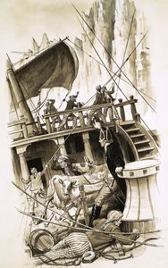 Navire à voile avec du bétail à bord - English School