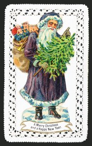 Père Noël avec sac de jouets et arbre, carte de Noël - English School