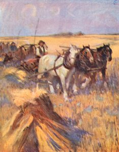 Saskatchewan, le Scot moderne sur sa lieuse (lithographie en couleur) - English School