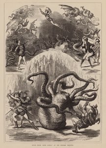 Scène du "Grim Goblin" au Théâtre Grec (gravure) - English School