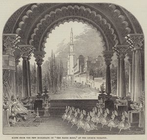 Scène de la nouvelle burlesque de "Le Cor magique," au théâtre Lyceum (gravure)