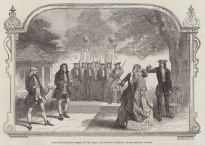 Scène de la nouvelle comédie "St Cupid; ou, la fortune de Dorothy," au théâtre Princess (gravure) - English School
