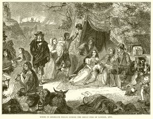 Scène dans les champs de Highgate pendant le grand incendie de Londres, 1666 - English School