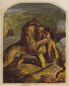 Le missionnaire écossais David Livingstone attaqué par un lion en Afrique (chromolithographie) - English School